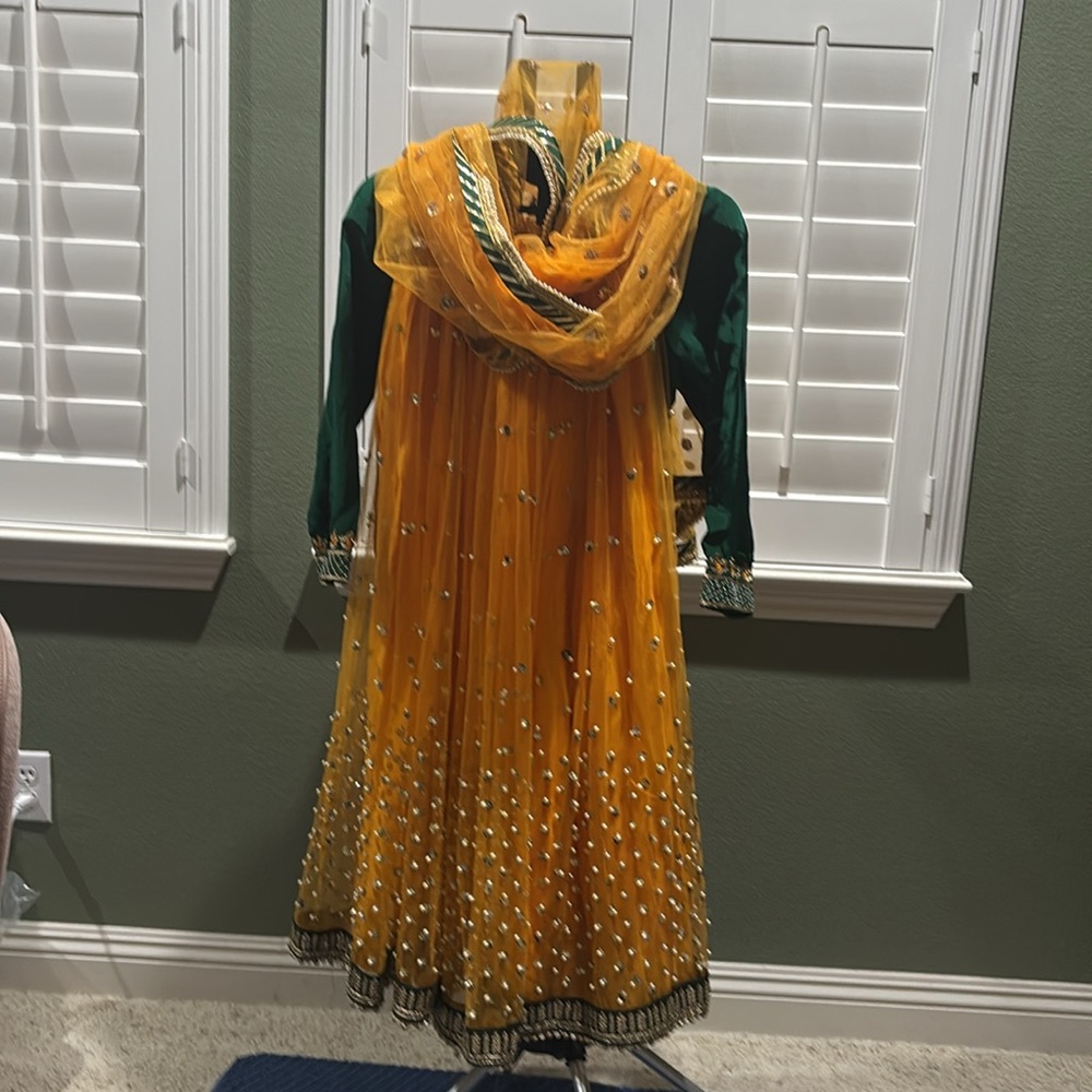Emerald Green and yellow suit/lehnga/dupatta combination with Gold Embellishment